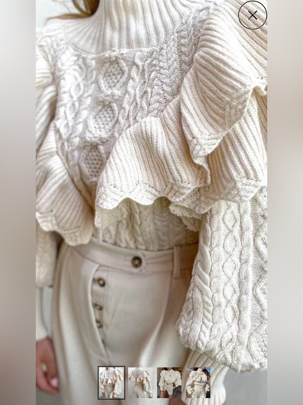 Zara Cream Ruffle Cable Knit Turtleneck Sweater
